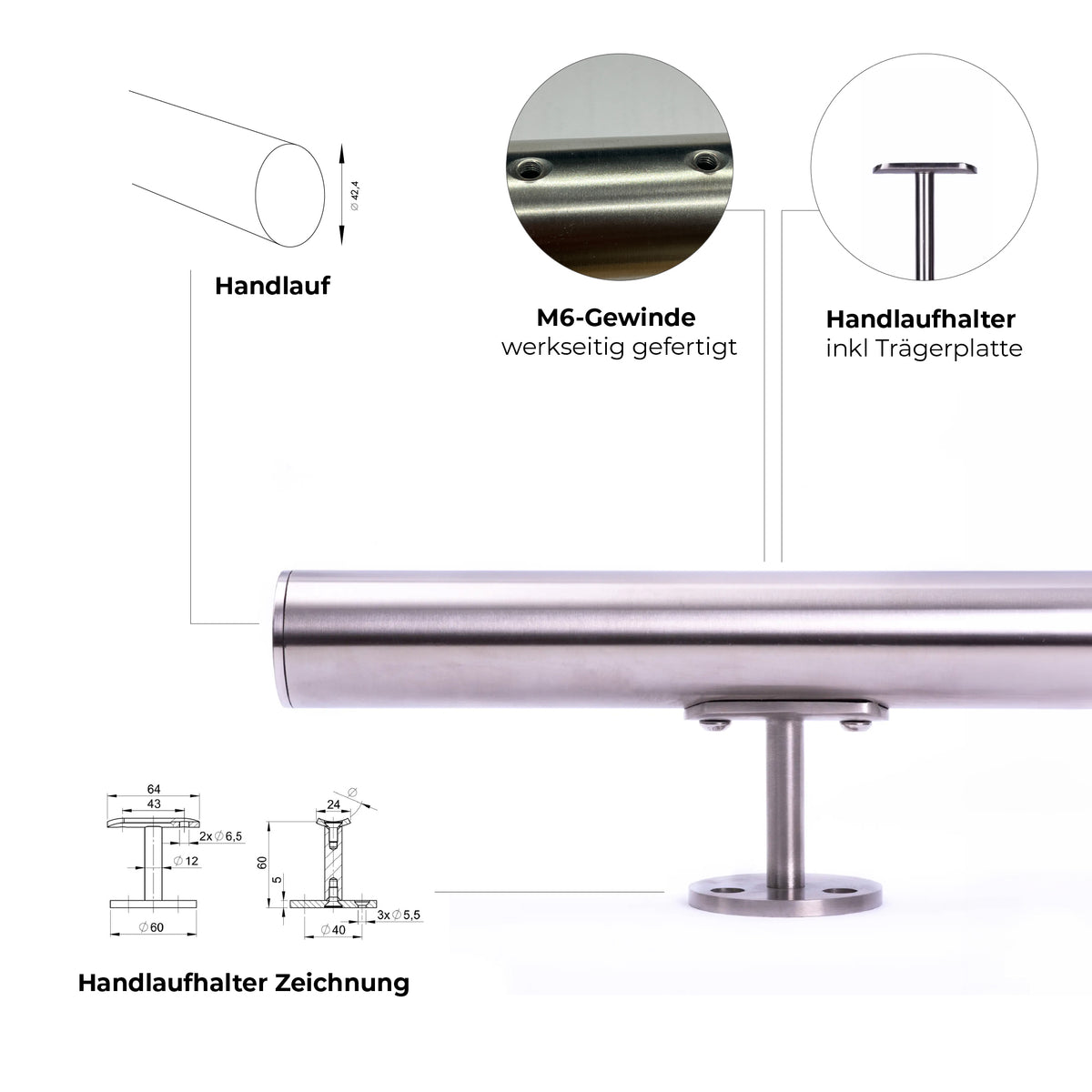 Handlauf Edelstahl V2A für Brüstungen