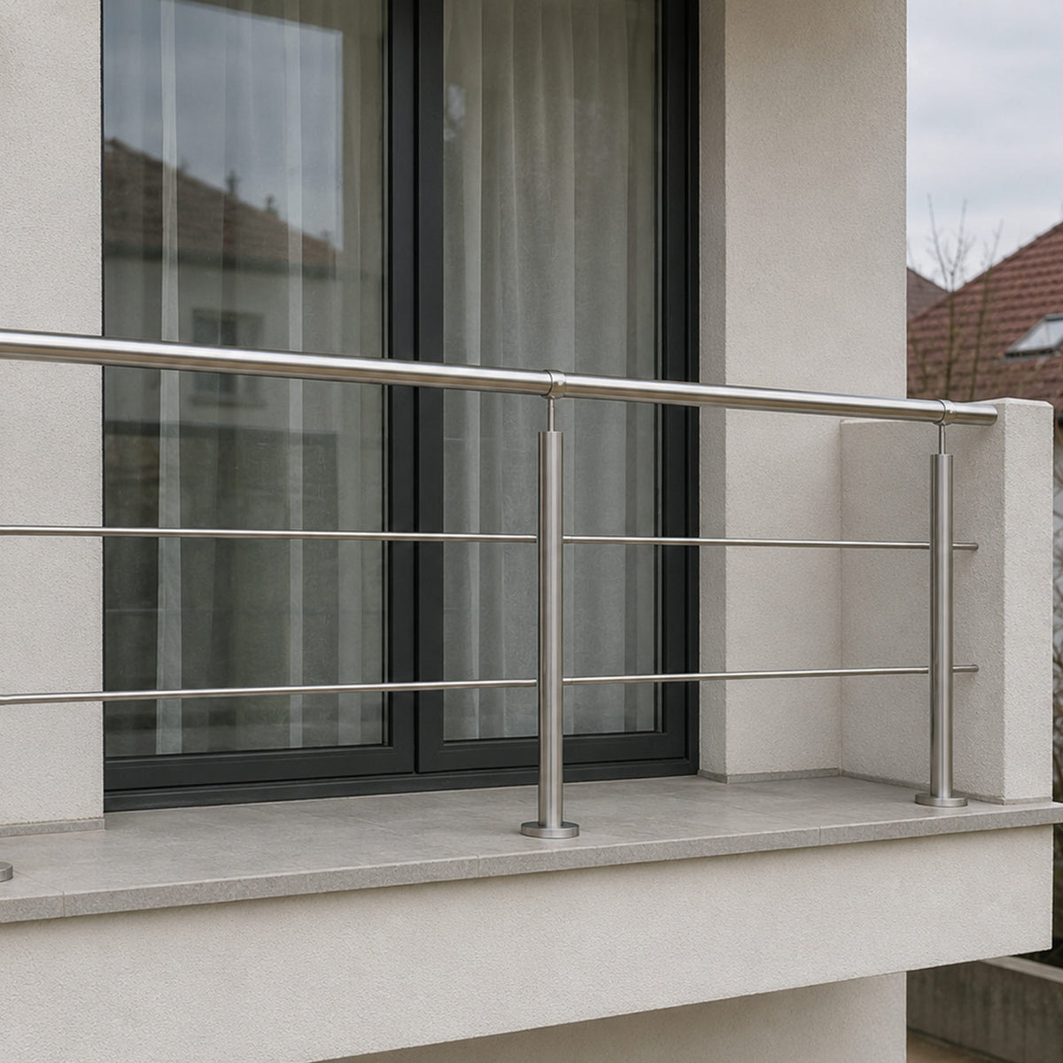 Balkongeländer aus Edelstahl aufgesetzt mit 2 Querstreben
