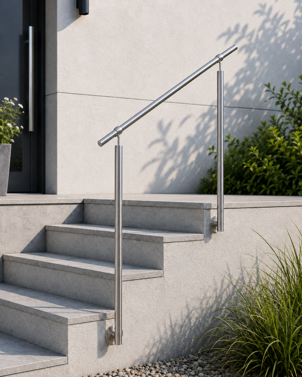 Freistehender Edelstahl Handlauf aus V2A mit vorgesetzter Montage an einer Betontreppe nach Maß
