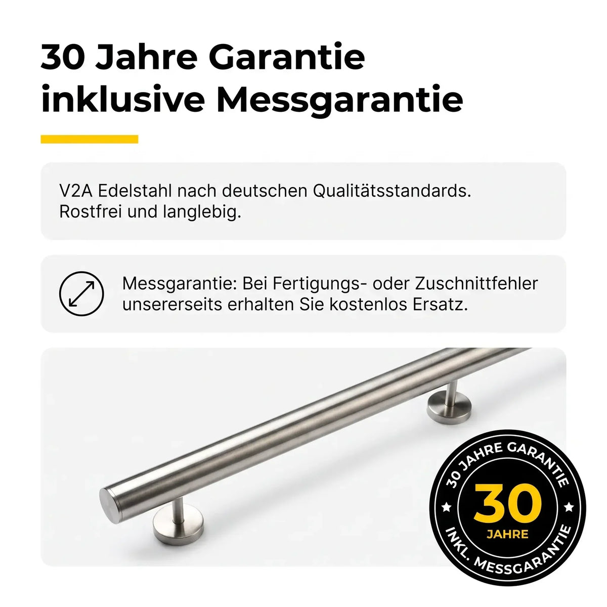 Edelstahl Handlauf nach Maß mit Wandhalterung – Kugelringhalter – 30 Jahre Garantie inklusive Messgarantie